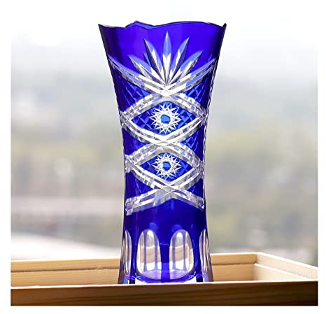 RUNZE765Z Vase Decoratif Vase en Verre Bleu de Style tchèque bohème élégant, coupé à la Main en Cristal Clair, Vase à Fleurs, Motif de Gravure Vase à Fleurs