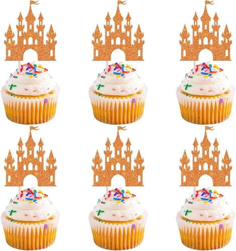 SYKYCTCY 24 Pack Castle Cupcake Toppers Glitter Castle Princess Cupcake Picks Castle Cake Decorations for Princess Theme Baby Shower Kids Girl Birthday Party Supplies