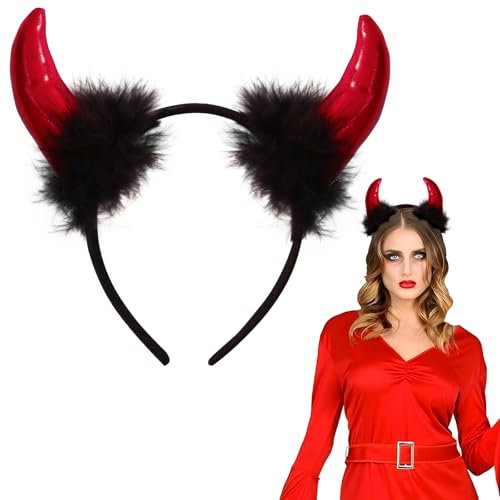 BETESSIN Teufelshörner Haarreif Karneval - Teufelsohren Haarreif Rot Schwarz - Teufel Kostüm Damen - Teufel Haarschmuck für Damen - Kopfschmuck für Karneval, Fasching, Halloween uvm.