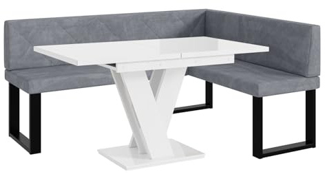 MEBLINI Eckbank für Esszimmer mit ausziehbarem Tisch - Küchenbank - Essecke - Sitzecke Küche - ERIC - U-Beine 128x168x87cm Rechts - Grau Samt/M Weiß Hochgl.