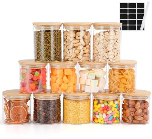 FoiiLiio Lot de 12 Bocaux Rangement en Verre Hermétique,300 ml/400 ml,Bocaux en Verre avec Couvercle en Bambou,RéCipient à éPices,Pot a Epices en verre