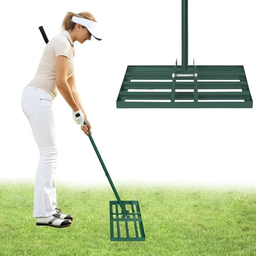 UISEBRT 25x50cm Rasen Nivellierrechen 3 IN 1 Multifunktions Metall Gartenrechen mit Stiel Rakel zum Sanden Abziehen Levelingrake Flächenebner für Garten Yard Golf - Grün