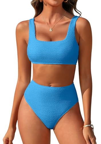 ANRABESS Women Swimsuits Two Piece Bikini Set High Waisted Ribbed Tummy Control Modest Bathing Suits 2026 Beach Swim Wear Light Blue Medium