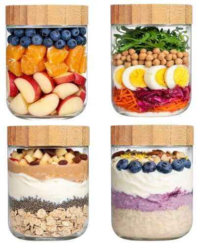 LIMILI Overnight Oats Jar, 4 Pack Glass Overnight Oats Containers with Wooden Lids, Wide Mouth Glass Jars Breakfast Pots for Cereal, Yogurt, Salad, Chia Pudding (500ml - 4pcs)