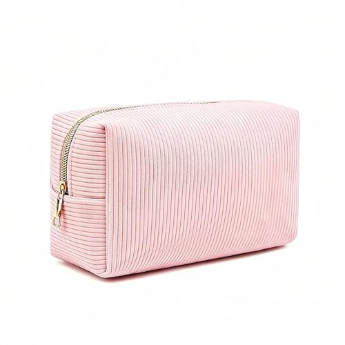 MeiLang Small Makeup Bag - Corduroy Cosmetic Bag for Women, Portable Makeup Pouch for Handbag Brushes & Skincare, Gift for Women & Teens, 18x11x7cm (Pink)