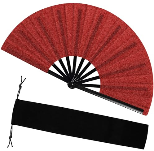 Roter Faltfächer mit Aufbewahrungstasche, leuchtende Farben, große Handfächer für Frauen, faltbar, geeignet für Partyveranstaltungen, Bühnenauftritte, Festivals, handgefertigte Tanzdekorationen
