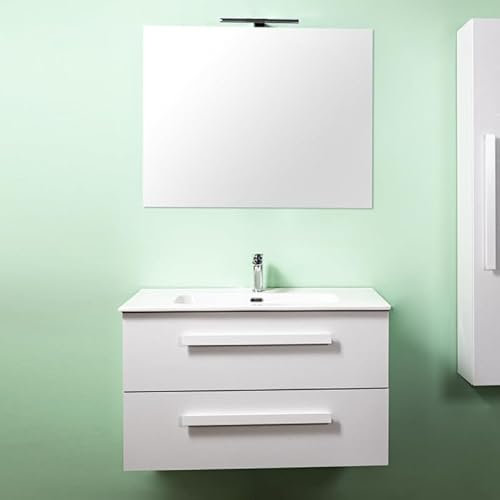 Yellowshop | Mobile Bagno Sospeso 60 cm LIRIO Cemento Bianco – 2 Cassetti Soft Close, Lavabo Ceramica, Specchio con Applique LED – Design Moderno e Salvaspazio (Composizione Completa)