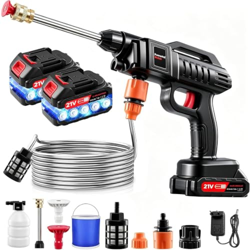 Worshow Hidrolimpiadora de Alta Presión a Batería 21V 60Bar, Pistola de Agua Inalámbrica con 2 Baterías 2000mAh& Botella de Espuma con Cubo para Lavado de Coche, Fachadas y Riego de Jardín