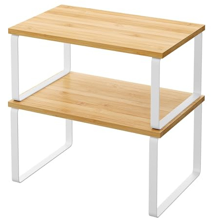 Kitchen Organiser Shelf, Stackable & Expandable Cabinet Storage Shelves | For Pantry Cupboard, Kitchen Storage, Spice Rack - Metal and Engineered Wood Set of 2 (White and Natural)