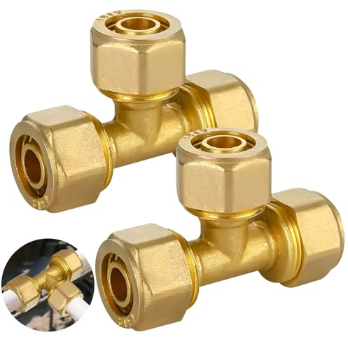 2 Stück Schraubfitting T Stück 20 x 2,0mm, Messing Klemmverschraubung für Kupferrohr, Klemmringverschraubung für Aluverbundrohr und Mehrschicht-Verbundrohr