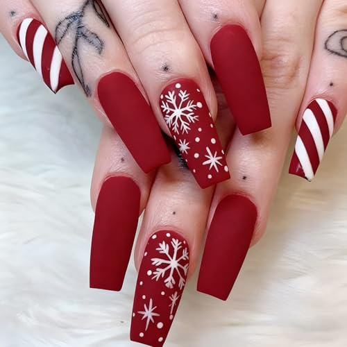 24 stycken Press on naglar kort – röd matta ballerina konstgjorda naglar, naturliga naglar för att klistra på, vita snöflingor konstgjorda naglar med nagellim, full täckning, nageltips för manikyr