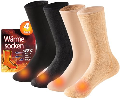 Winter Crew Socken - warm gefüttert, extra lang & dick, Gr.39-46, 4 Paar | 37cm bis Wade | komplett Fleece Kälteschutz -20°C | 80g (marktüblich 40g)