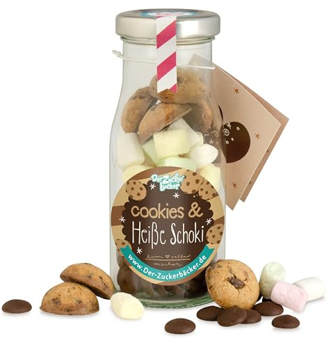 DIY-Flasche Cookies Heiße Schoki – Heiße Schokolade mit Zartbitter-Schokodrops, Mini-Marshmallows & 4 Cookies, Geschenkidee für Winter & Weihnachten