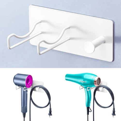 XILIMEN Hair Dryer Holder Wall Mounted, Universal Hairdryer Holder, Self Adhesive Hair Dryer Storage Stand With Power Cords Rack, Hairdryer Hook Hair Tools Organiser for Dressing Table Bathroom, White