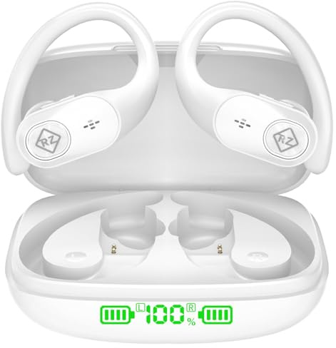 Wireless Earbuds Bluetooth Headphones Wireless Charging Case LED Display 96H Playtime Built in Mic Over Ear Buds Waterproof Earphones with Earhooks Deep Bass for Sport Running Workout Game PC