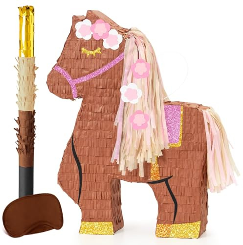 WERNNSAI Pony-Piñata – Farm-Party Dekorationen Pony-Pferde-Piñata mit Augenbinde und Stock für Western Cowgirl Geburtstag Dekorationen Baby Shower Feier Karnevalszubehör