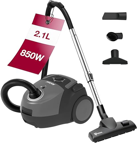 Akitas C5 Bagged Vacuum Cleaner, 9m Cleaning Reach, 850W High Suction for Carpet & Hard Floor, HEPA Filtration for Allergies & Pets, with German Wessel-Werk Head & 3 Tools, Compact & Lightweight