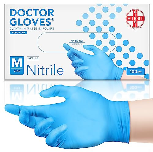 AIESI® Guanti in Nitrile monouso senza polvere azzurri per uso professionale DOCTOR GLOVES (Confezione da 100 pezzi) taglia M