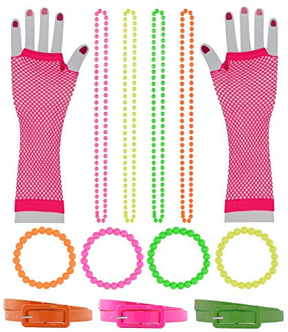 Foxxeo 13 teiliges 80er Jahre Neon Damen Kostüm Set für Fasching & Karneval - Netzhandschuhe, Gürtel, Armbänder, Ketten