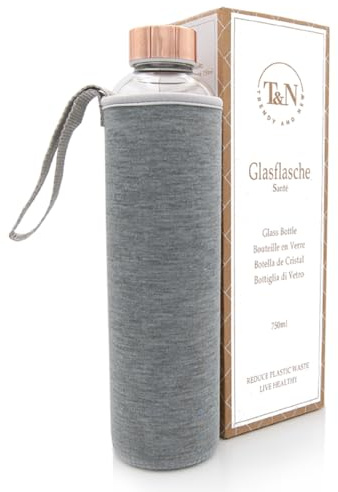 T&N Glasflasche 1 Liter / 750ml / 500ml – Trinkflasche Glas 1l mit Neoprenhülle – Wasserflasche Auslaufsicher – Glastrinkflasche aus dickerem Borosilikat-Glas für Kohlensäure geeignet