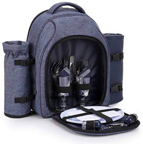 apollo walker Picnic Backpack Bag for 2 Person with Cooler Compartment, Detachable Bottle/Wine Holder, Fleece Blanket, Plates and Cutlery Set (2 Person, Navy)