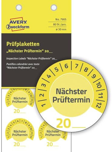 AVERY Zweckform 80 Stück Prüfplaketten Nächster Prüftermin 20xx (mit Jahreszahl zum selber eintragen, widerstandsfähig, selbstklebend, Ø 30 mm, Prüfaufkleber, Prüfsiegel aus Vinyl) 7905 gelb