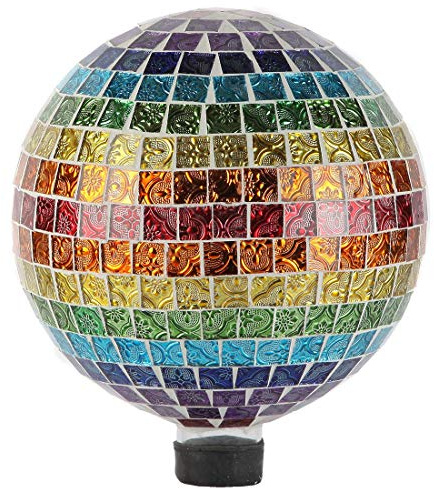 Lily's Home Colorful Mosaic Glass Gazing Ball, Designed with a Stunning Rainbow Holographic Mosaic Pattern to Bring Color to Any Home and Garden. 10 Inches Diameter