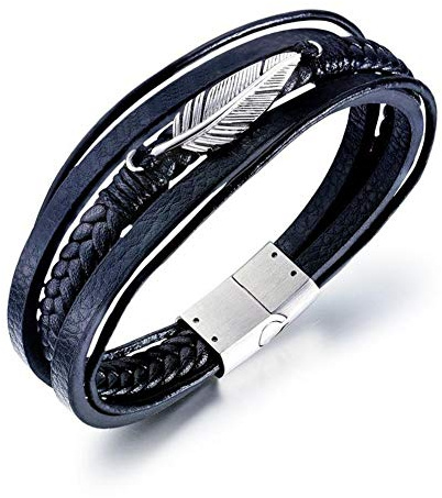 ATEIELLI Bracelet Cuir PU Noir Plume Acier Inoxydable 21cm B311 (Noir-Argent)