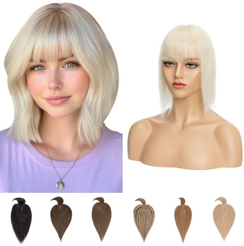 Silk-co Toupet Capelli Donna Veri con Frangia Extension Clip Capelli Umani 7x13cm Base in Seta 27g Hair Topper 15cm - 60 Biondo Platino