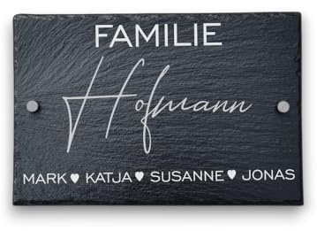 Die Geschenke Manufaktur Türschild mit Familien-Namen aus Schiefer, Hausschild 30 x 20 cm mit Gravur, Abstandshalter, individuelle Türschilder in versch. Größen, Geschenk zum Einzug, Wanddekoration