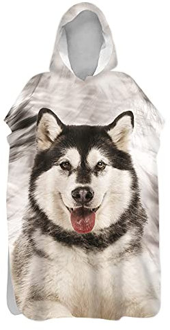 Morbuy Kinder Badeponcho mit Kapuze, 3D-Hund Bademantel Mikrofaser Weich Badetuch Schnelltrocknend Surf Poncho für Mädchen Jungen Erwachsene Schwimmen Strand (80x110cm,Sibirischer Husky)