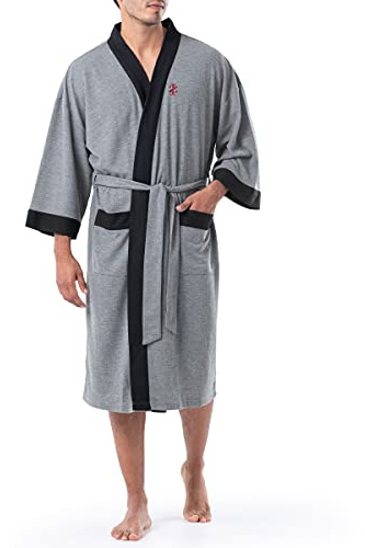 IZOD Men's Waffle Knit Kimono Robe, Heather Grey, One Size