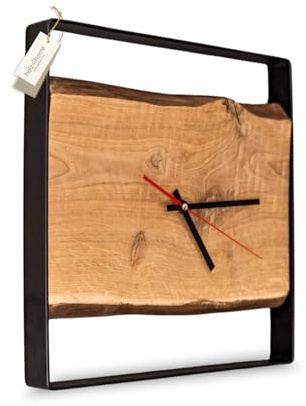 holz4home® Wanduhr aus Eichenholz I Holzuhr mit Stahlrahmen I Eckige Uhr Designuhr Analog I Perfekt für Wohnzimmer Küche Büro & Flur I Im modernen Loft Stil Industrial
