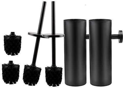 EXLECO 2er Toilettenbürste WC Bürste Set mit 2 Ersatzbürste ohne Bohren Klobürste und Edelstahl Behälter Set Wandmontage & Stehen mit Deckel Langer Stiel für Badezimmer | Matt Schwarz