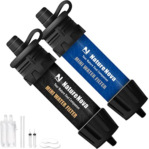 NatureNova Lot de 2 mini filtres à eau portables d'urgence pour la randonnée, le camping, la survie et les situations d'urgence Bleu/noir