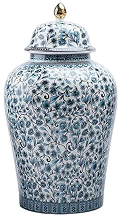 SM SunniMix Blaues und weißes -Ingwerglas im chinesischen Stil mit Deckel, Mittelstück, Blumenvase, Blumenarrangement, dekorative Tischdekoration, M 16,5 x 29,5 cm
