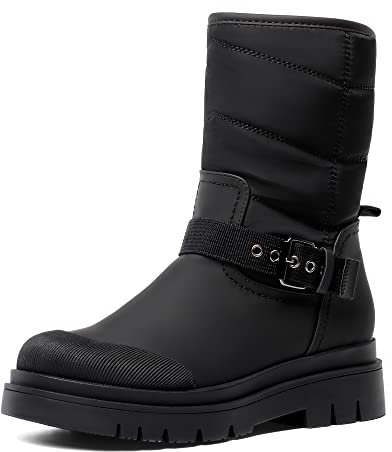 DREAM PAIRS Damen Schneestiefel Glattes PU Dicke Sohle mit Riemchenbesatz am RistOlivgrün,Size 40,Schwarz,SDSB2202W-E