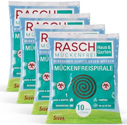 RASCH® Mückenfreispirale – 4 x 10 Stück [inkl. Halter + Ständer] – Mückenabwehr für den Außenbereich – Balkon, Garten & Camping - Mückenabwehr Outdoor Spirale Draußen - Räucherspiralen Set