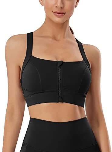 SEAUR Reggiseno Sportivo Donna Alto Sostegno Bra Aperto Davanti Senza Ferretto Bralette Fitness Imbottito Traspirante con Cerniera, Nero M