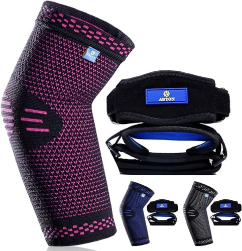 ABYON Ellenbogenbandage 3 Stücke, Kompression Ellenbogen Bandage mit Tennisarm Bandage für Damen Tennis, Golf, Arthritis, Sehnenentzündung, Gelenkschmerzen, Rosa, M