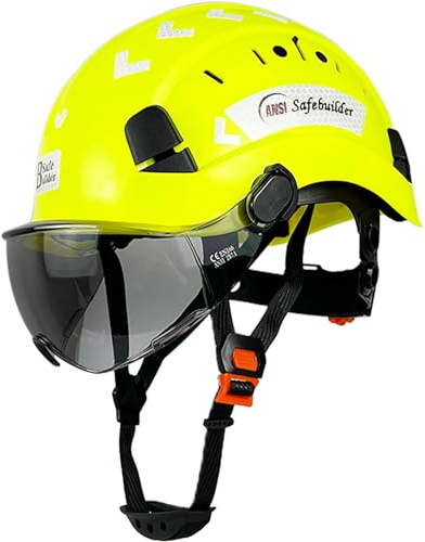 SAFEBUILDER Safety Helmet Hard Hat with Visor Adjustable Lightweight Vented ABS Work Helmet ANSI Z89.1 Approved Ideal for Industrial & Construction (Fluorescent Yellow with Tinted Visor)