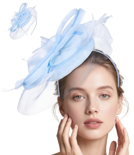 Beavorty Fascinator Hats for Women Tea Party Hat Vintage Feather Headband with Clip Mesh Bride Headpiece Hair Accessories for Wedding, Kentucky Derby, High Tea, Miss Party Hat 1920s Sky Blue