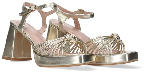 shoes&blues.es 77286-Sandalia de Tacon Ancho para Mujer, Comodo, con Estampado Multicolor, Pala con Tiras Enredadas, y Cierre de Hebilla. Talla 36 Oro