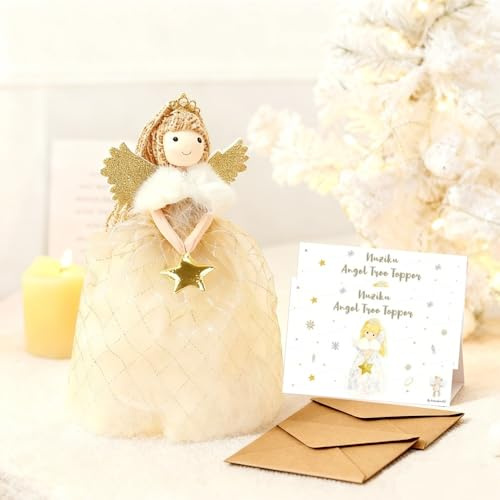 Angel Tree Topper,26 cm High Angel Topper Christmas Tree Decorations with 2 Greetings Cards and 2 Envelopes,Christmas Trees Fairy Topper for ChristmasTrees Decorations and Home Decor