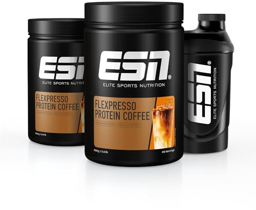 ESN Flexpresso Protein Coffee + Gratis Shaker, Karamell, 2 x 908 g | Cremiger Protein-Kaffee mit bis zu 22 g Protein pro Portion - made in Germany