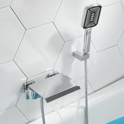 Duscharmaturen Wandmontage Eckig Wasserfall Mischbatterie Badarmaturen Badarmaturen mit Duschkopf Badezimmer Wannenfüller Armaturen Chrom Warm wie je zuvor