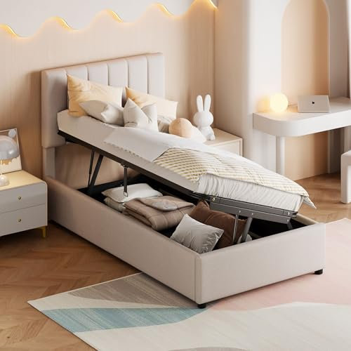 HYUB Kinderbett Polsterbett 90x200 cm mit Lattenrost, Hautfreundliche Leinenmaterial Hydraulisch Einzelbett mit Verstellbares Kopfteil, Bettgestell mit Stauraum, Beige