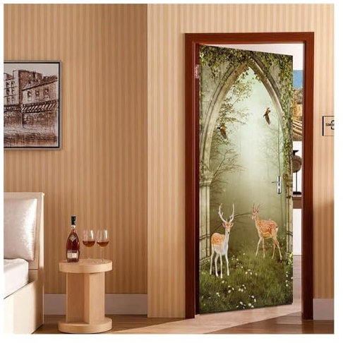Türaufkleber Türtapete Türbilder Türposter Natur Wald Landschaft Hirsch Malerei Tür Aufkleber Wasserdicht PVC Selbstklebende Poster Wandbild 3D Wanddekoration(Größe:95x215cm)