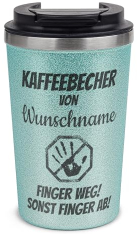Tassendruck Glitzer To-Go Thermobecher mit Name personalisiert Finger weg! Sonst Finger ab! Geschenk für Kollegin oder Freundin | Nachhaltig, Edelstahl doppelwandig, inkl. Deckel, Blau, 350 ml