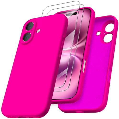 ORNARTO für iPhone 16 Hülle mit Kameraschutz u. 2 Schutzfolien, flüssiges Silikon Handyhülle iPhone 16 6.1 Zoll, stoßfeste iPhone 16 Schutzhülle mit Mikrofaser - Leuchtend Rosa